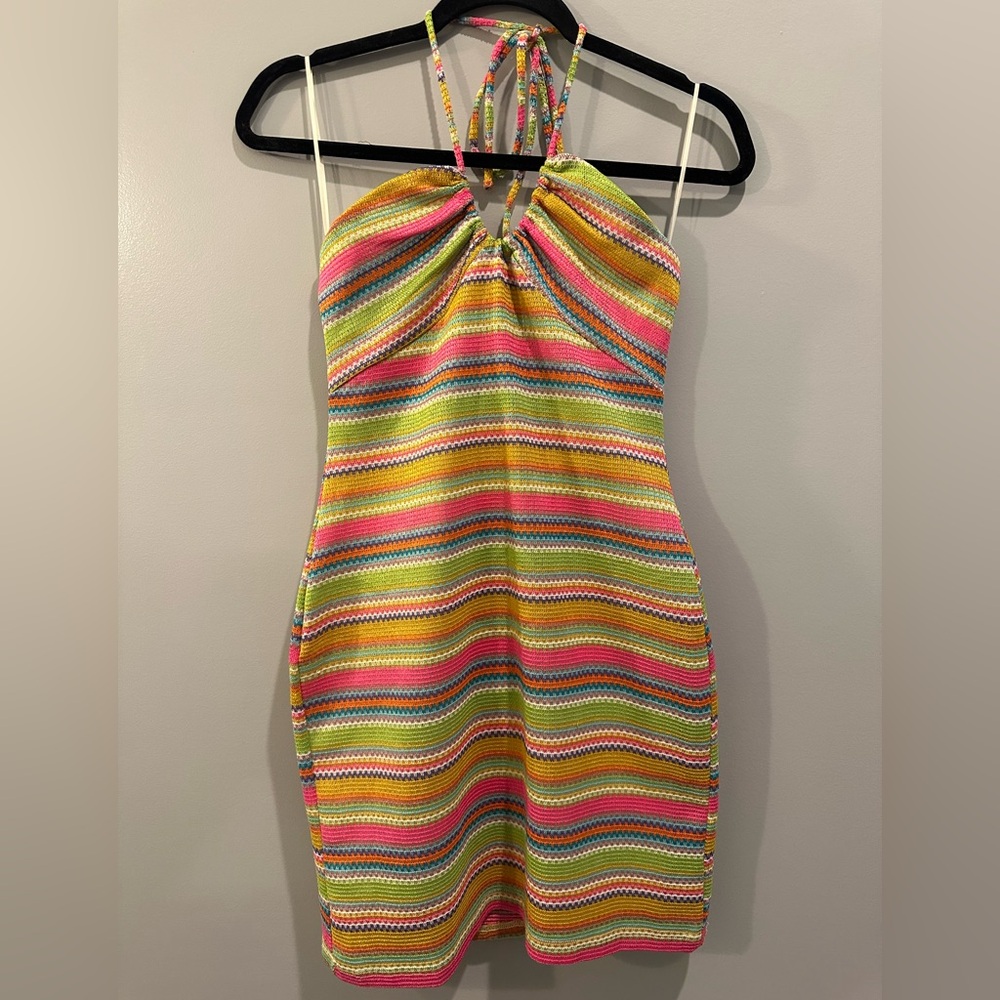 NWT Bailey Rose Striped Crochet Halter Mini Dress Size L Multicolor - Picture 3 of 6